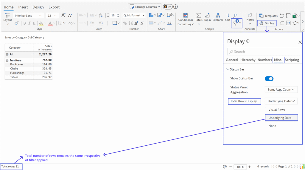 Inforiver Power BI visual showing total records loaded from data source in status bar