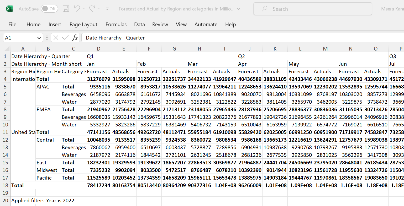 matrix exported to excel file