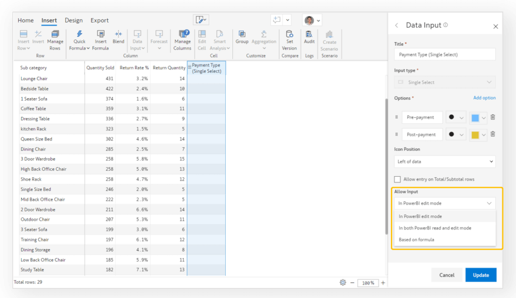 Manual data entry options in your Power BI table / matrix reports