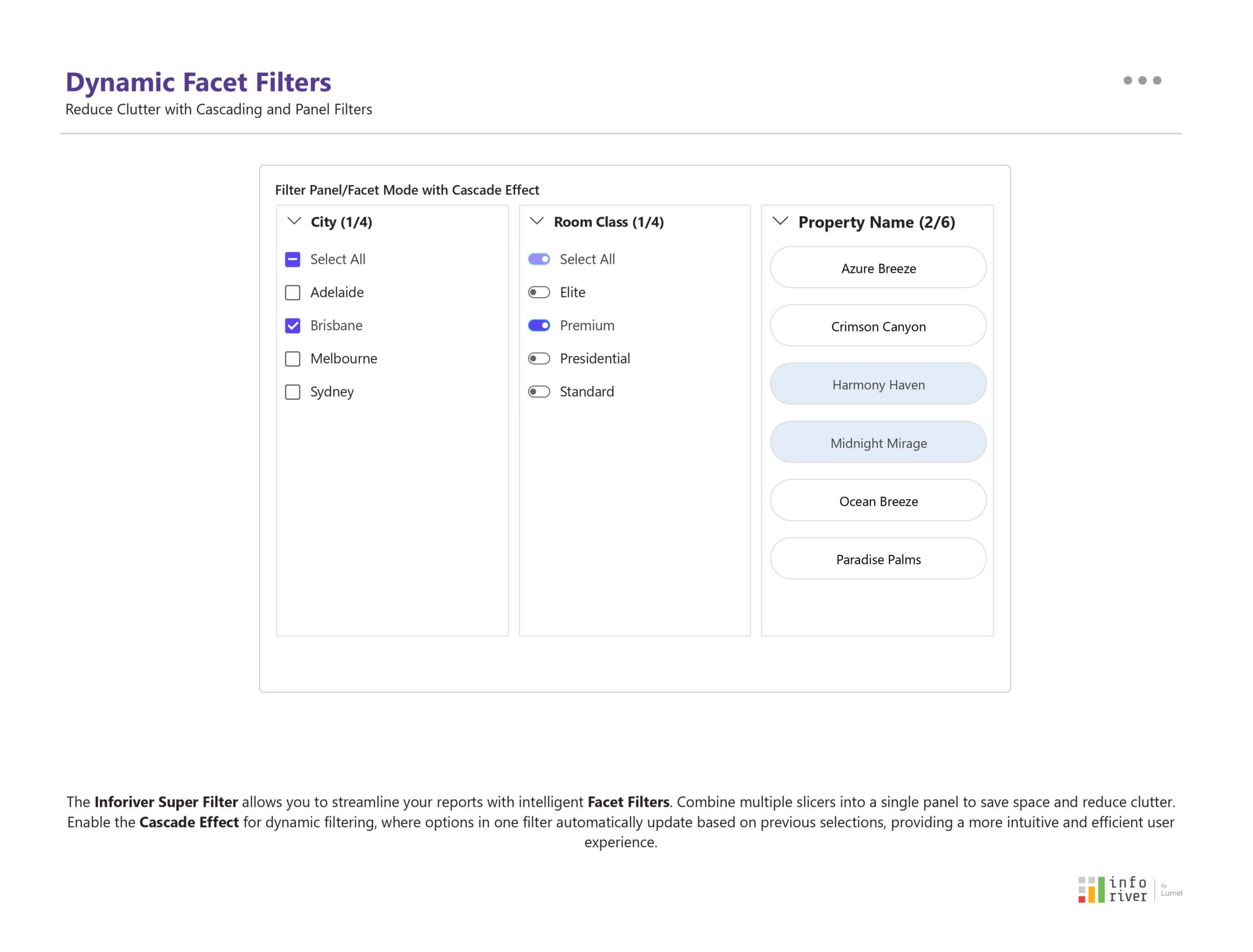 Inforiver Super Filter in Power BI customizable filter panel that organizes multiple slicers into one visual and enables cascading filters for a streamlined user experience.