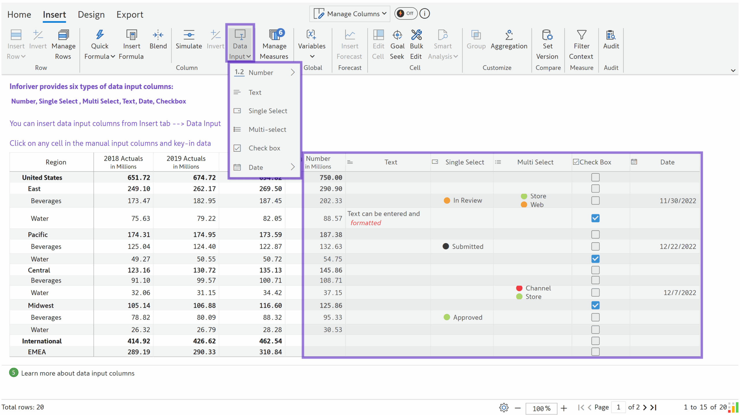 Inforiver Matrix in Power BI showcasing all supported data input types, including numbers, text, single-select, multi-select, checkboxes, and dates, for interactive planning and data entry.