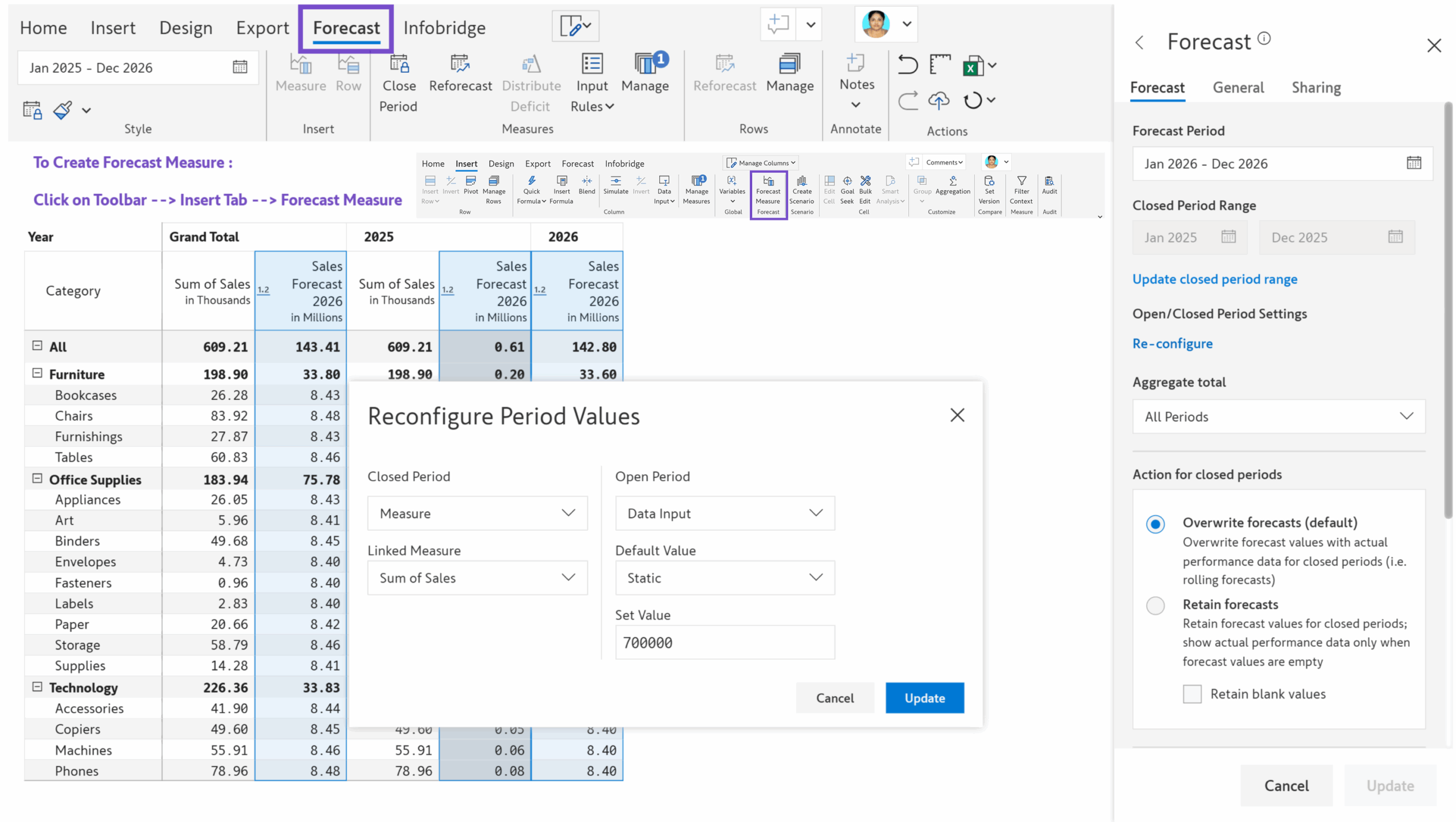 Inforiver Writeback Matrix in Power BI showcasing forecasting capabilities, allowing users to define forecast periods, set default values, and manage closed-period data for advanced financial planning and analysis.