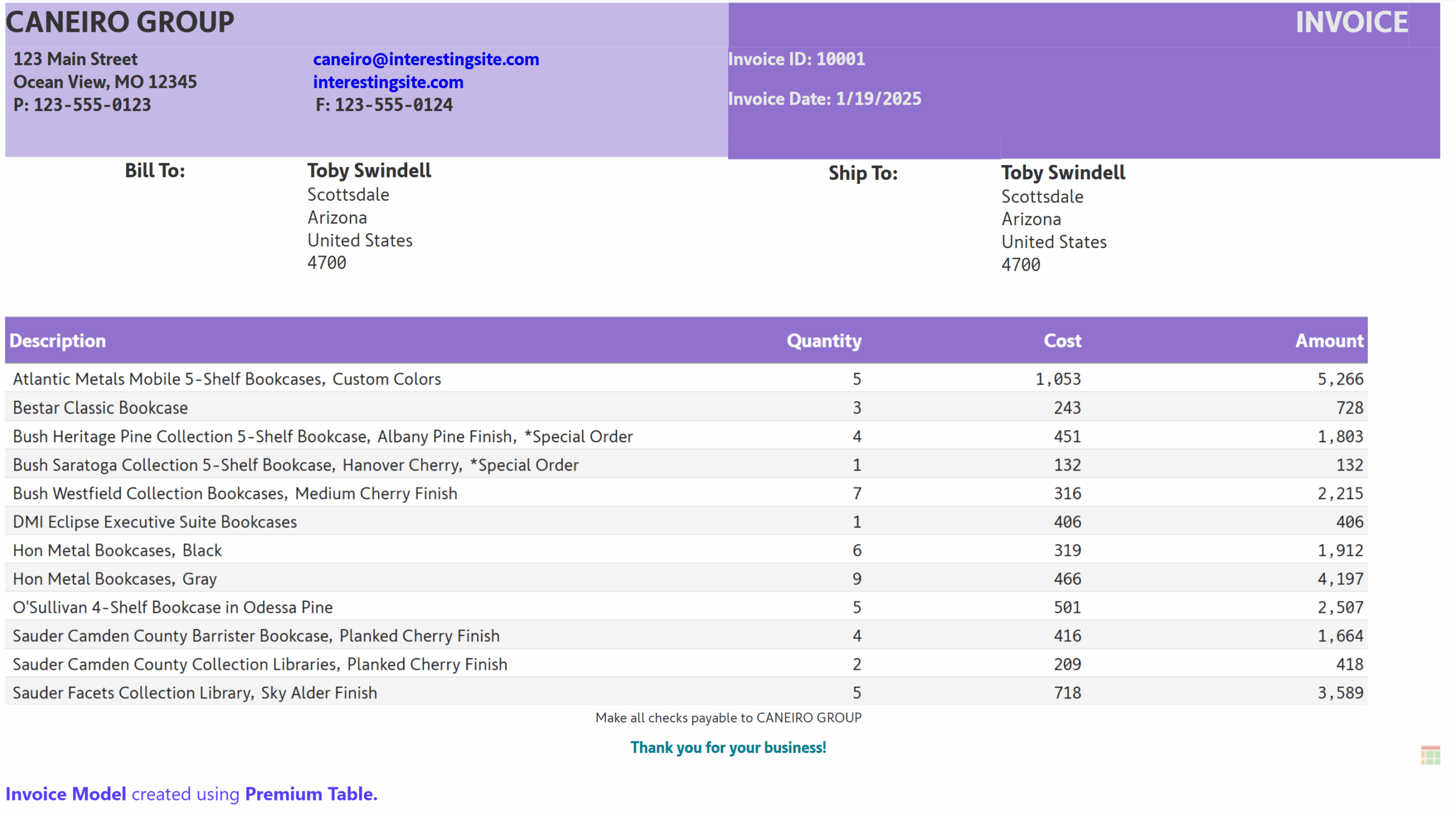 Inforiver Premium Table in Power BI displaying a fully formatted invoice with a logo, invoice details, an itemized table of products, and sections for subtotal, tax, and total.
