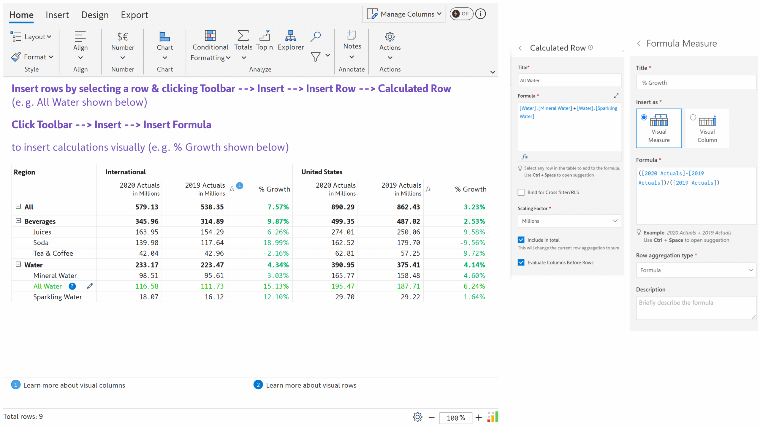 Power BI reporting matrix showing standard data alongside newly added rows and columns with custom calculations, such as % Growth and % Margin, highlighting in-visual creation of calculated measures.