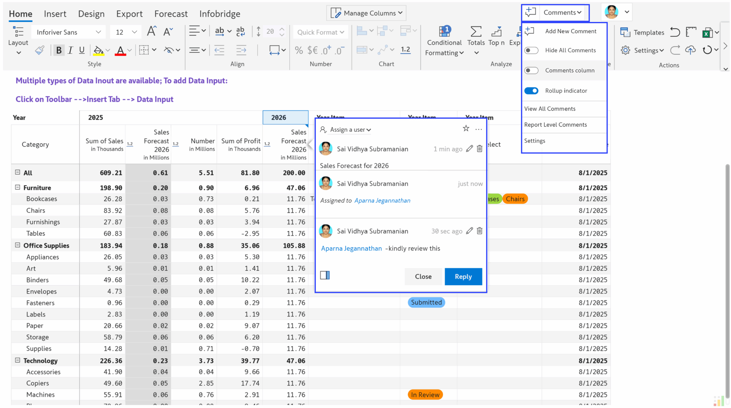 Inforiver Writeback Matrix in Power BI with a collaborative comments feature that allows team discussions and task assignments directly within the dashboard.