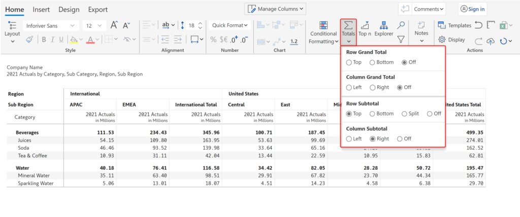 Managing totals & subtotals - Total option for grand total of rows and columns