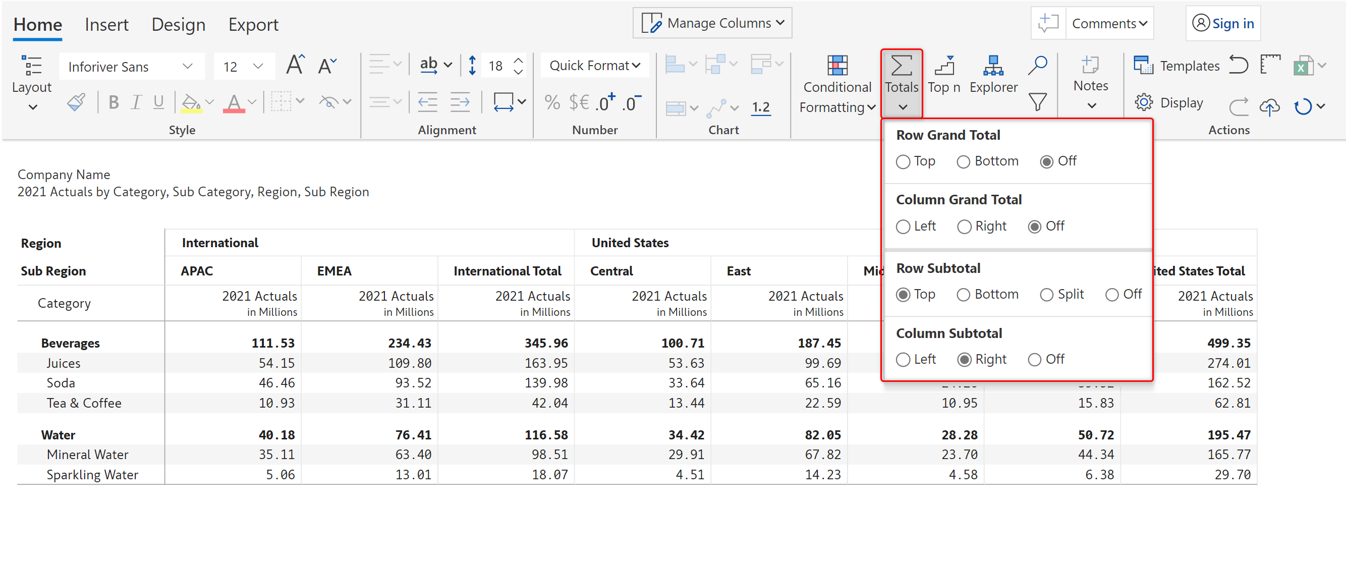 Manage totals subtotals in Power BI Inforiver