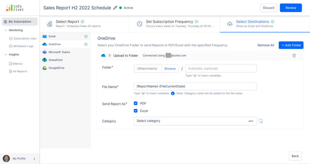 Power BI schedule reports OneDrive folders